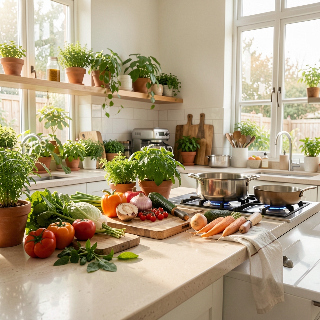Wide view of a bright, plant-filled kitchen with chopping boards, seasonal vegetables, and cooking equipment arranged on a pale stone counter in morning light