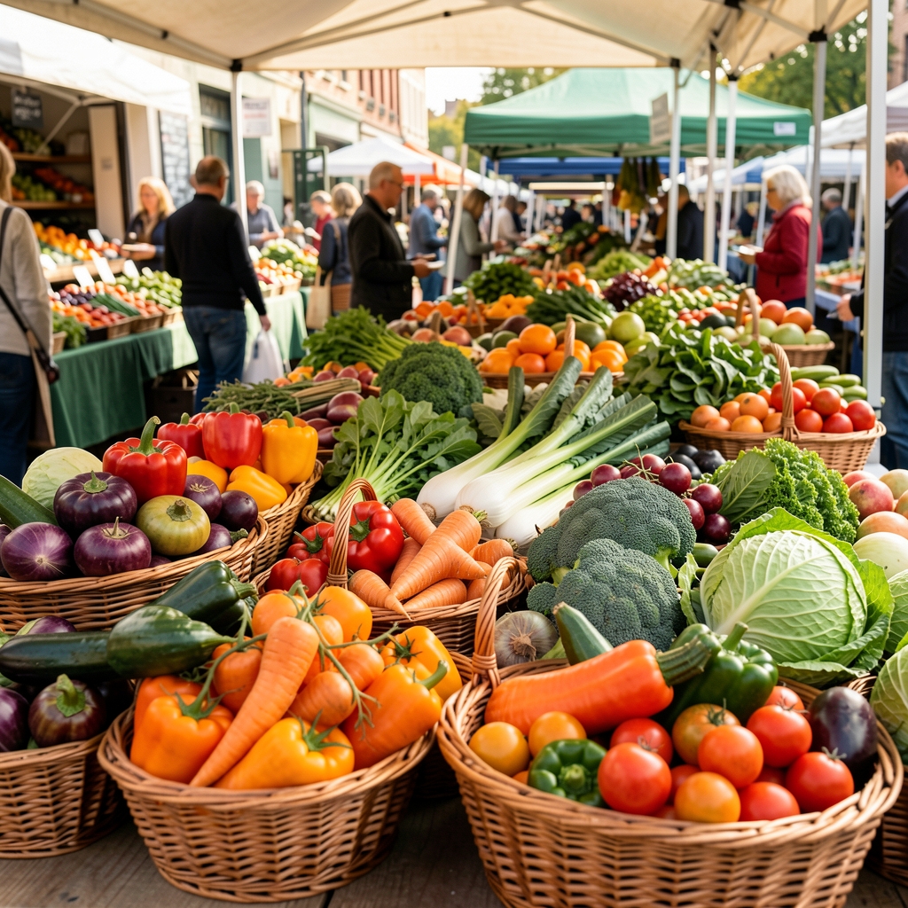 Colourful seasonal vegetables in wicker baskets at a morning farmers market in natural daylight
